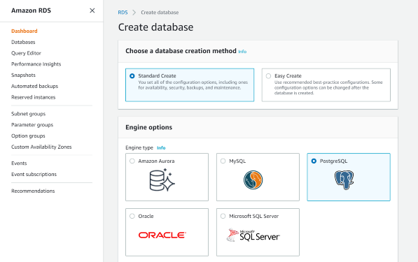 Amazon Web Services RDS create instance