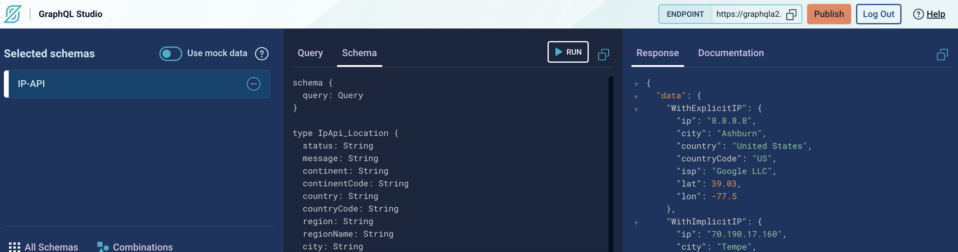 screenshot of graphql studio with Publish button circled