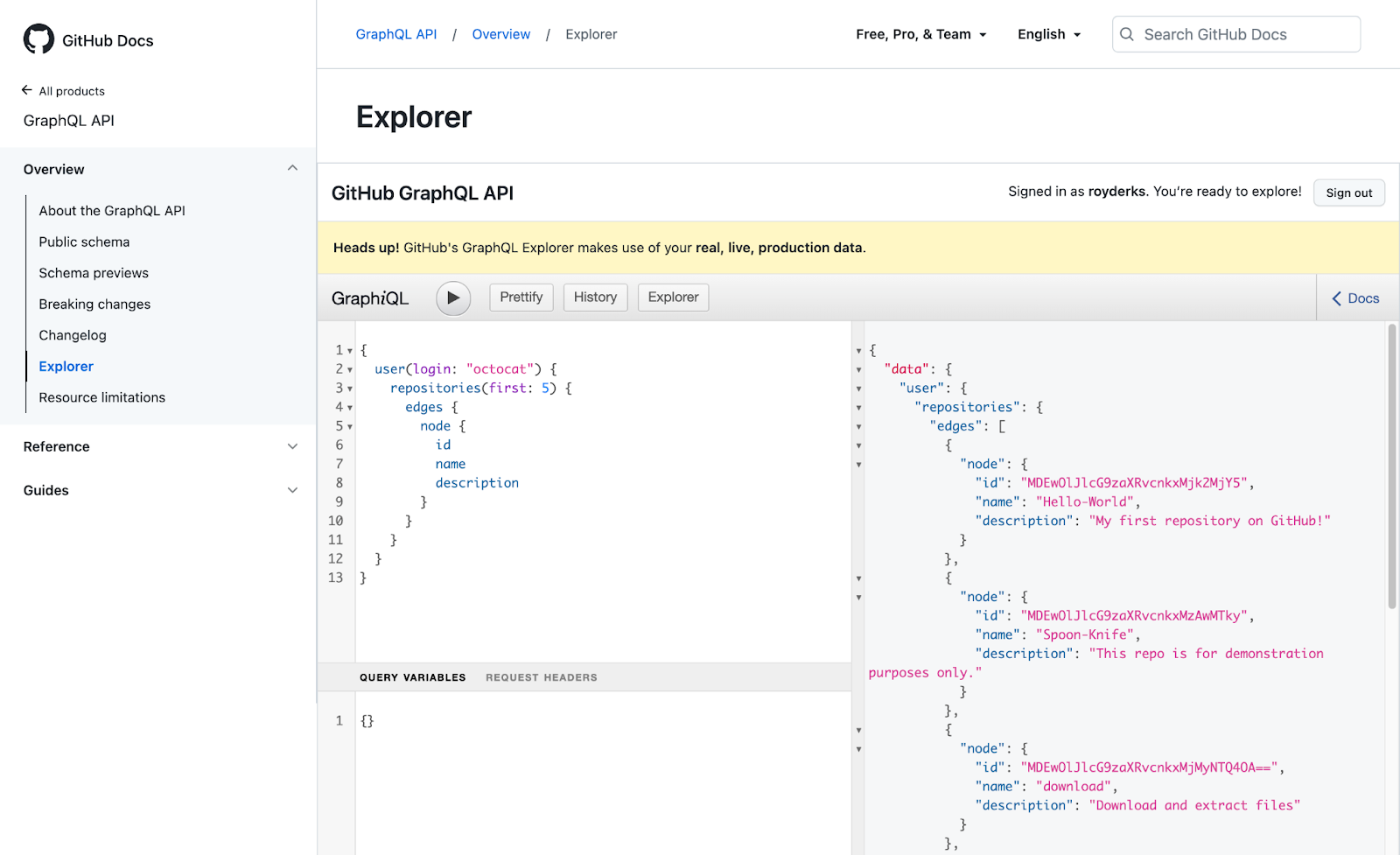 Github GraphiQL explorer