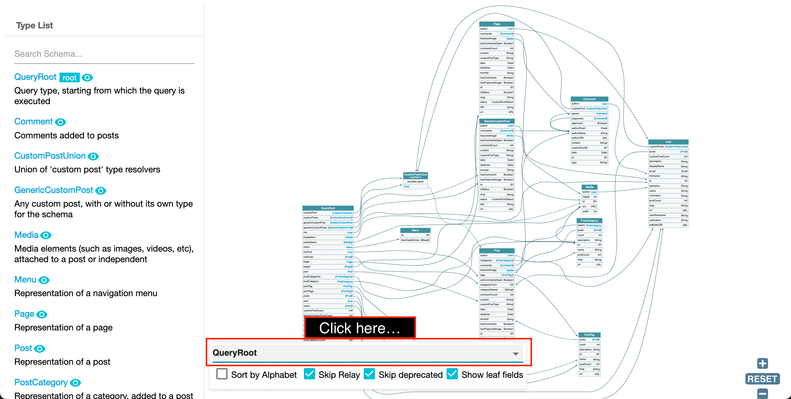 GraphQL types, on the floating panel