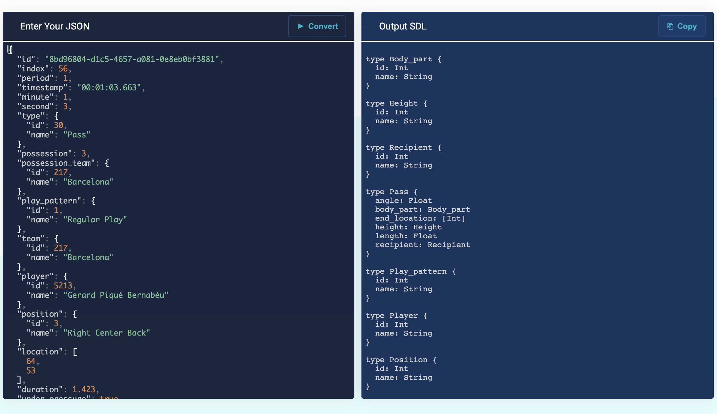 screenshot of json2sdl editor