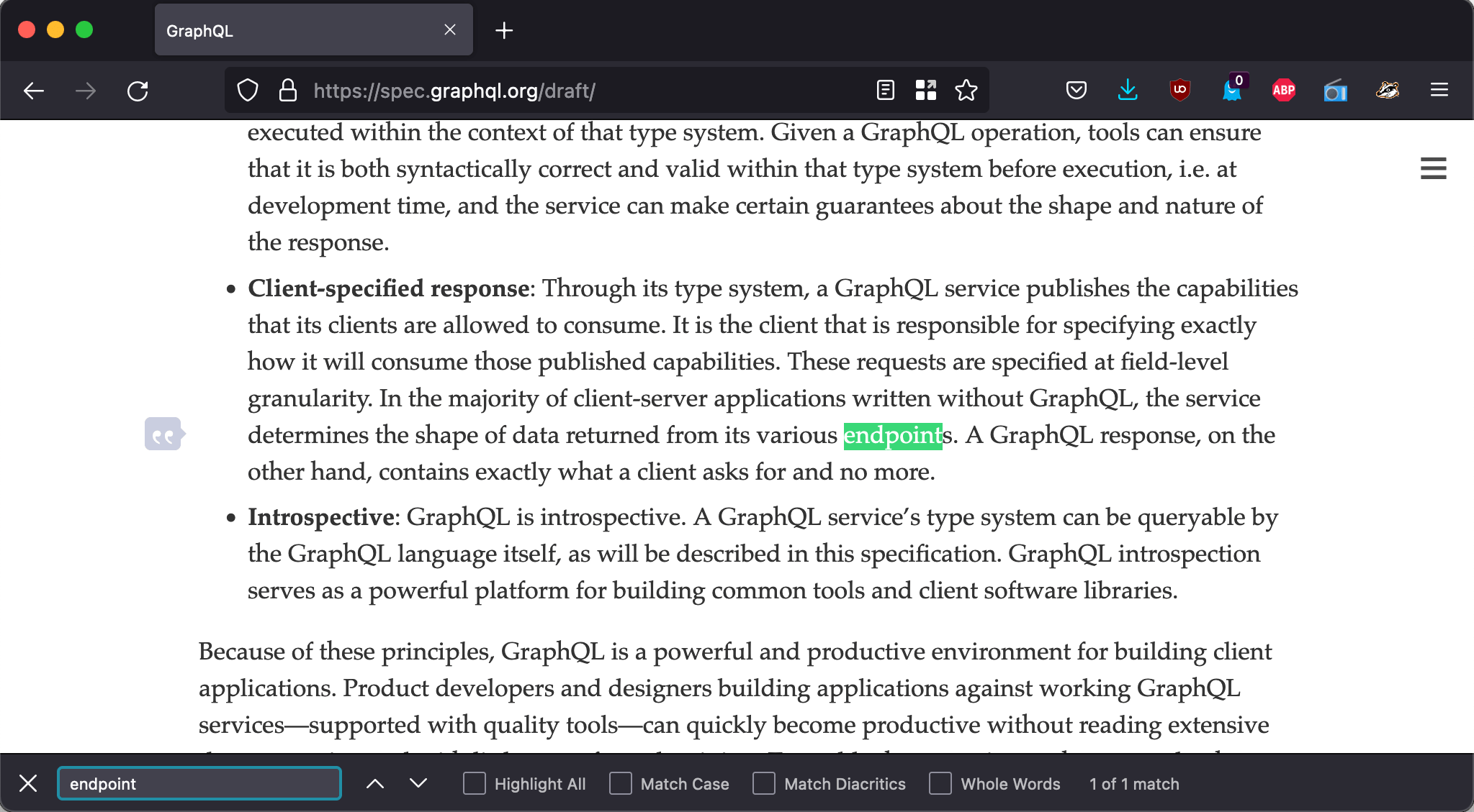 Searching "endpoint" in the spec