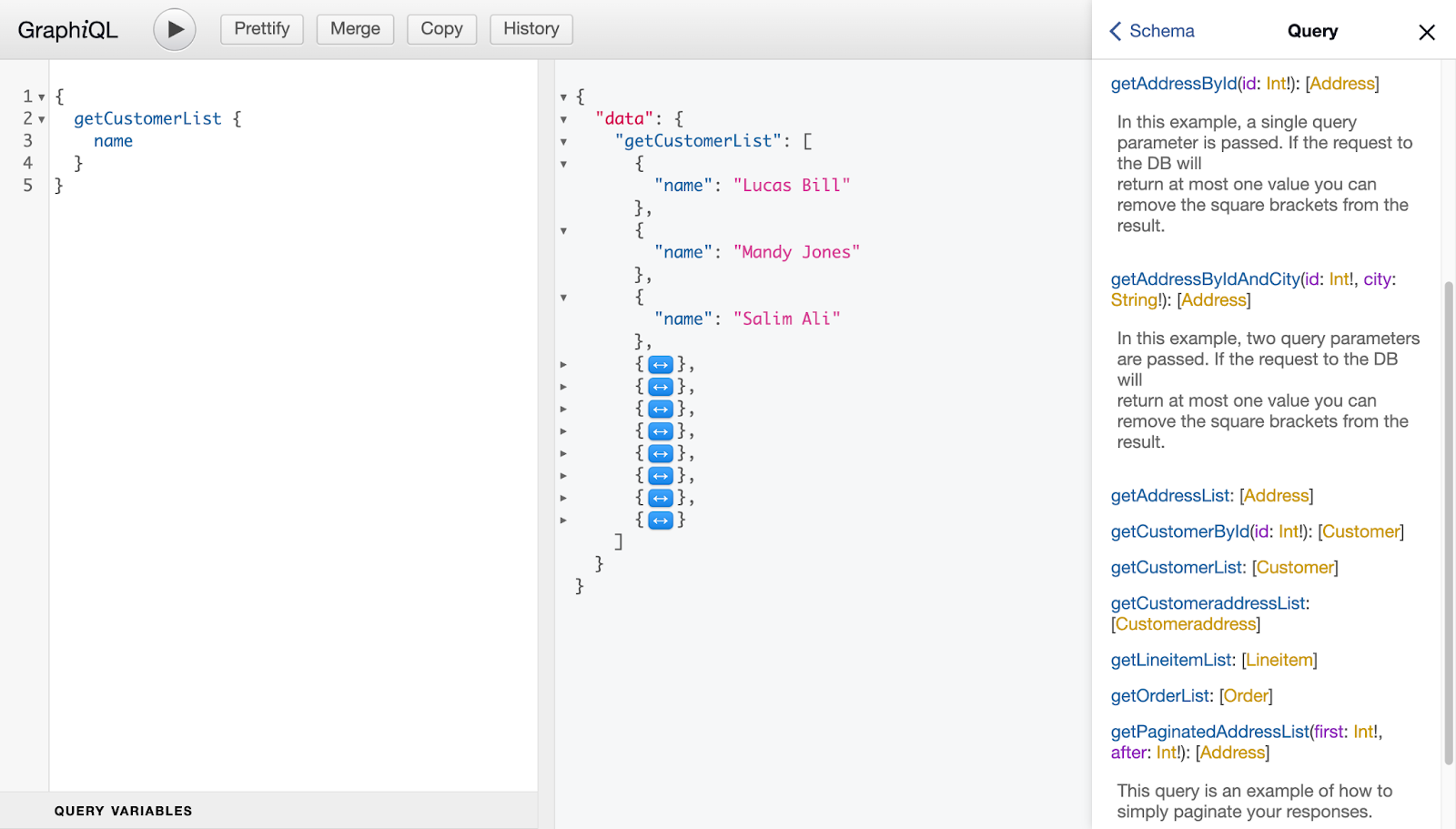 GraphiQL interface for a StepZen GraphQL API